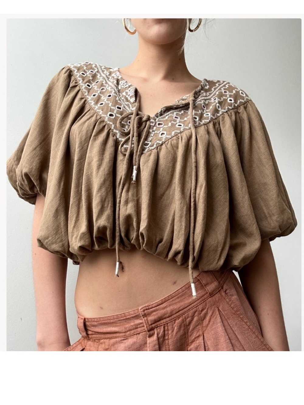 Free People Brown Embroidered Tie-Front Puff Sleeve Crop Top